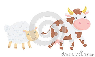 Sheep and Cow with Horns as Farm Animals Vector Set Vector Illustration