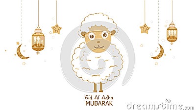 Sheep with crescents, lamp and stars. Traditional lantern of Ramadan nights greeting card Vector Illustration