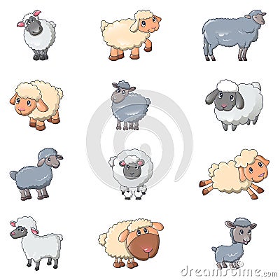 Sheep cute lamb farm iicons set, cartoon style Vector Illustration