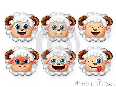 Sheep emoticon and emojis vector set. Sheeps or lamb face emoticons with 3d realistic design. Vector Illustration