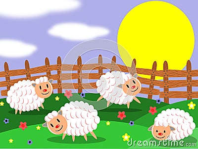 Sheep farm, happy sheep on a sunny day, colors, cartoon. Cartoon Illustration