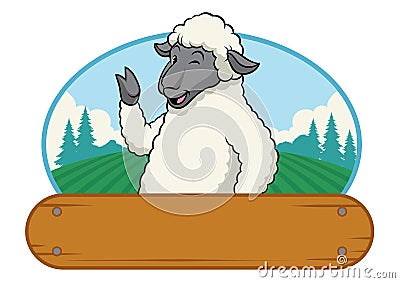 Sheep in farm with wooden blank space Vector Illustration