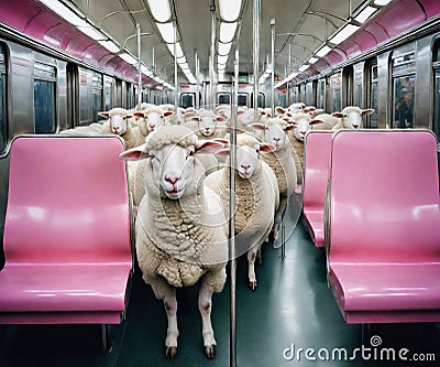 sheep flock in an underground subway train wagon with pink chairs Stock Photo