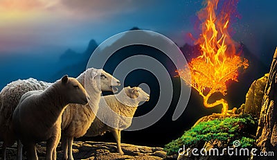 Sheep gather around burning bush on top of a mountain Stock Photo