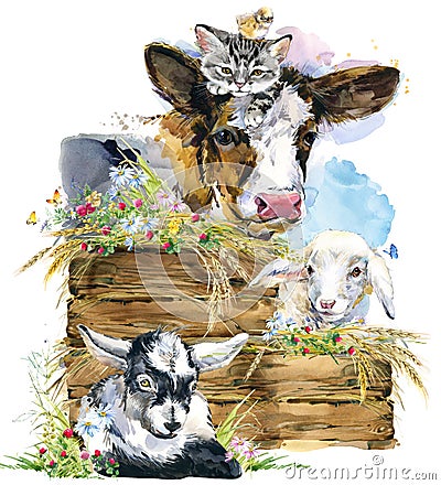 Sheep. goat. kitten. calf. chick. watercolor farms animal collection. Cartoon Illustration