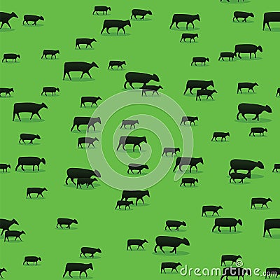 Sheep, goats and cows and walking on green pasture. Cattle grazing on green field pattern background. Farming and Stock Photo