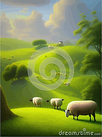 Sheep graze on green meadow. Count sheep. Farm animal landscape counting Vector Illustration