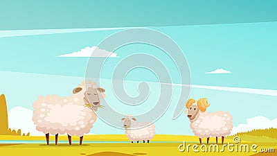 Sheep Grazing On Farmland Cartoon Poster Vector Illustration