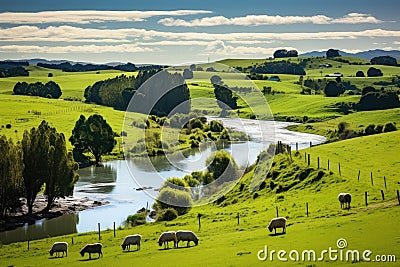 Sheep grazing on a green meadow with a small river in the background, New Zealand, North Island, Waikato Region. Rural landscape Stock Photo