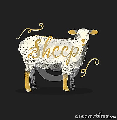 Sheep. Hand drawn lettering card design. Pointilism graphic style. Vector Illustration