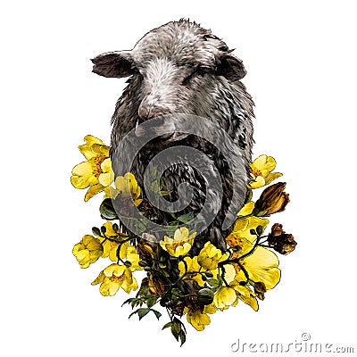 Sheep head with thick fur on the chest decorated with tree branches with yellow flowers Vector Illustration