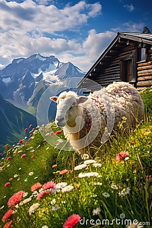 Sheep on a hill with a view of a cabin and the Alps in the dista Stock Photo