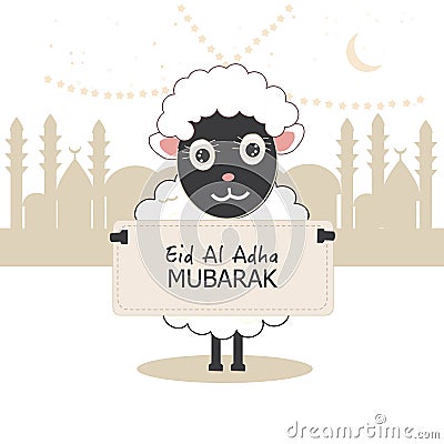 Sheep holding greeting card. Islamic festival of sacrifice, eid al adha celebration greeting Vector Illustration