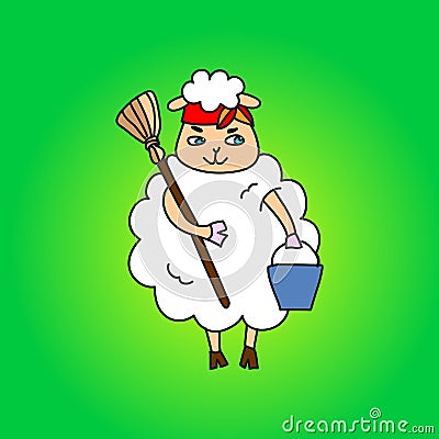 A sheep housewife with a bucket and a mop. Stock Photo