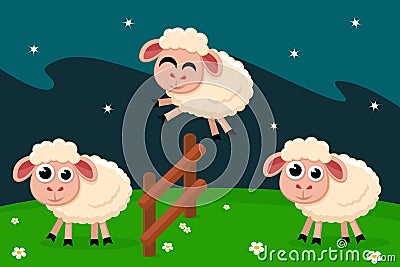 Sheep jump over the fence, counting before bed. Vector Illustration