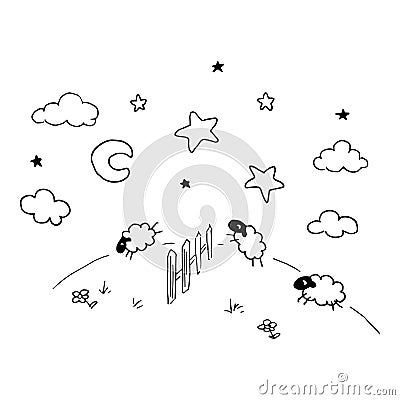 Sheep jump over the fence. Cute hand drawn picture in doodle style. Vector illustration Vector Illustration