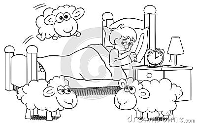 Sheep jumping over the bed of a sleepless man Vector Illustration