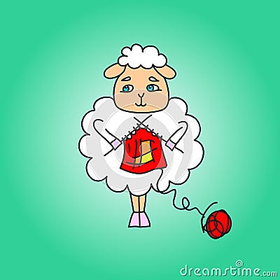 The sheep knit a red scarf. Vector Illustration