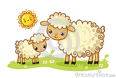 A sheep and a lamb stand in a green sunny meadow. Vector illustration with cute animals Cartoon Illustration