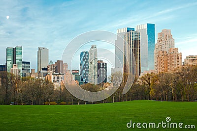 Sheep Meadow at Central Park and Midtown skyline in NYC Stock Photo