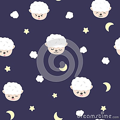 Sheep, moon and stars, baby adorable seamless pattern, pajamas concept for childhood background texture vector cartoon Vector Illustration