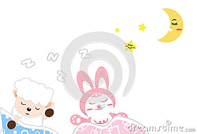 Sheep and rabbit cartoon sleeping among moon and stars, good nig Vector Illustration