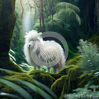Sheep in the rainforest of New Zealand. Long exposure. generative AI Stock Photo