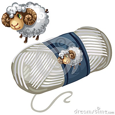 Sheep and roll of white wool thread. Vector Vector Illustration