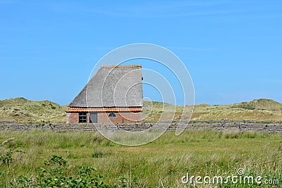 Sheep shelter bungalow building in national park De Muy in the Netherlands on Texel Stock Photo