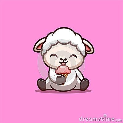 Sheep Sitting Eating Ice Cream Cute Creative Kawaii Cartoon Mascot Logo Stock Photo