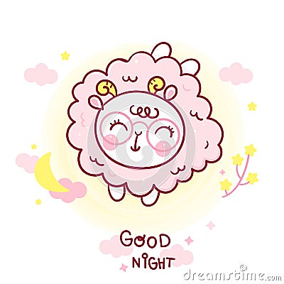 Sheep sleep cartoon and moon vector. Series: Magic sleeping time sweet dream pastel color, Kawaii animals girly Vector Illustration