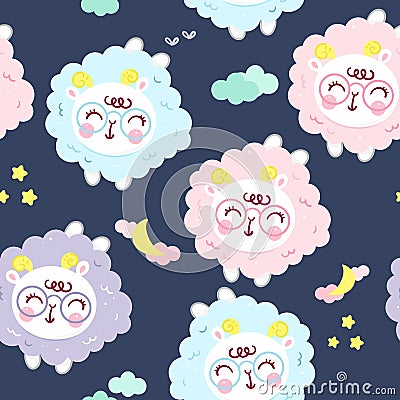 Sheep sleep seamless patterns cartoon and moon vector. Series: Magic sleeping time sweet dream pastel color, Kawaii Vector Illustration