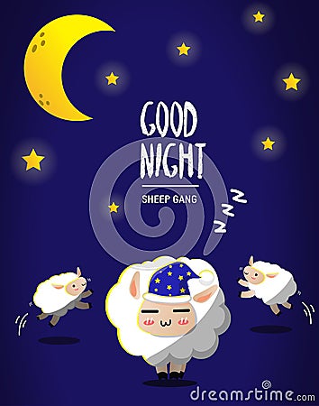 Sheep sleep under moon light Vector Illustration