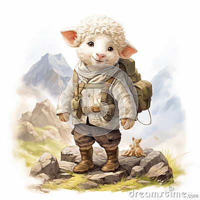 Fantasy-inspired Art: Cute Lamb In Mountains With Bag And Backpack Cartoon Illustration