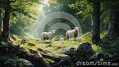 Sheep Walking In Woods: A Serene Forest Glade With Noah Bradley-inspired Art Stock Photo
