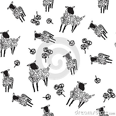 Sheeps and cotton. Seamless pattern. Vector illustration Vector Illustration