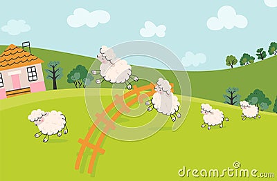 Sheeps jump on field. Count sheep jumping fence. Farm animal landscape, counting cartoon animals for sleeping. Funny Vector Illustration