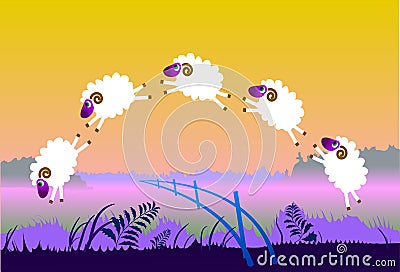 Sheeps jump over fence Vector Illustration