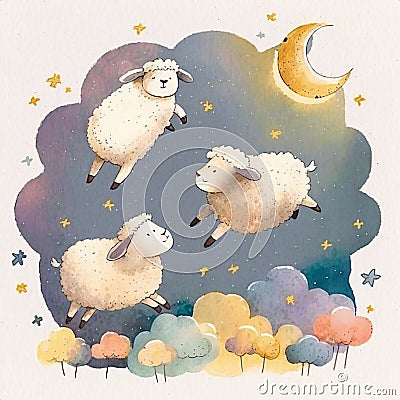 Sheeps jumping over the moon. Children watercolor illustration, poster. Cartoon Illustration