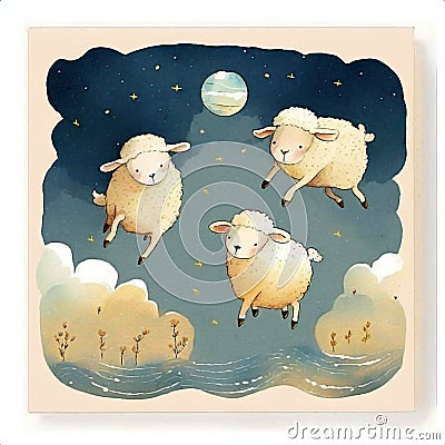 Sheeps jumping over the moon. Children watercolor illustration, poster. Cartoon Illustration