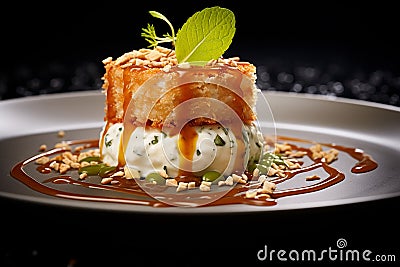 sheeps milk mousse and pandan curd caramelized pastry Stock Photo