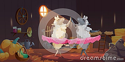 Sheeps in tutu dancing ballet in barn on farm Vector Illustration