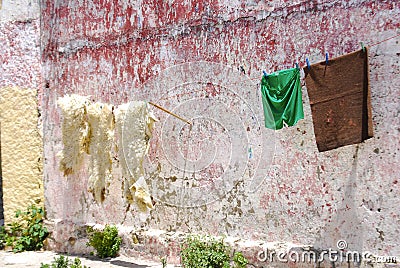 Sheepskin on Washing Line, Tangier, Morocco Stock Photo