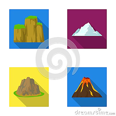 Sheer cliffs, a volcanic eruption, a mountain with a beach, a glacier. Different mountains set collection icons in flat Vector Illustration