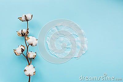 Sheet facial mask and cotton flower on pastel blue paper background. Skin care, dermatology, beauty concept. Top view, flat lay, Stock Photo