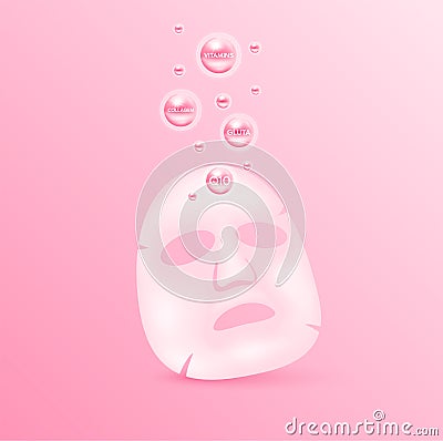 Sheet mask skincare beauty. Treatment with vitamins collagen gluta. Cosmetic beauty product design. Realistic on pink background Vector Illustration