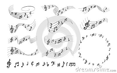 Sheet music notes. Elegant musically lines, musical notation swirls with note symbols vector illustration set Vector Illustration