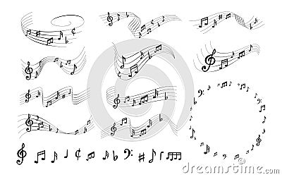 Sheet music notes. Elegant musically lines, musical notation swirls with note symbols vector illustration set Vector Illustration