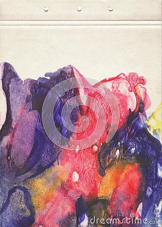 A sheet of notebook stained with multicolored watercolors. Artistic template for creative design. Stock Photo