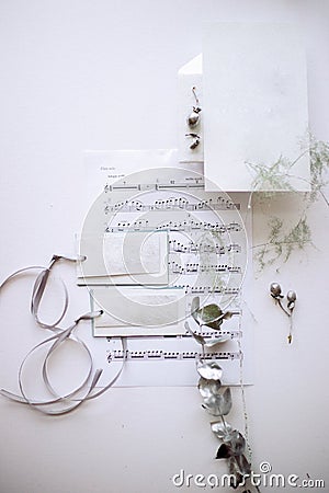 Sheet of notes, printed letter, badges on a ribbon, silver plated twigs Stock Photo